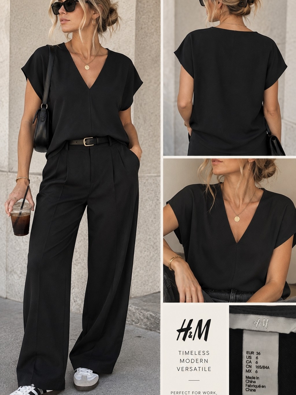 H&M Black V-Neck Blouse Size 6 Minimalist Office Chic Quiet Luxury